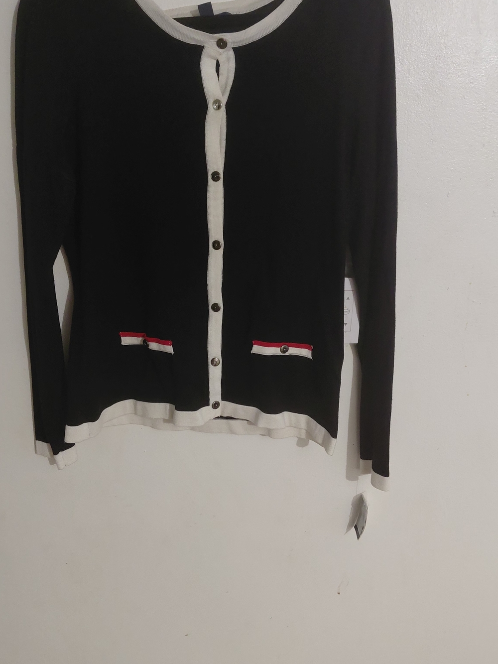 Karen Scott Black Cardigan with Cream Trim and Red Pocket Accent